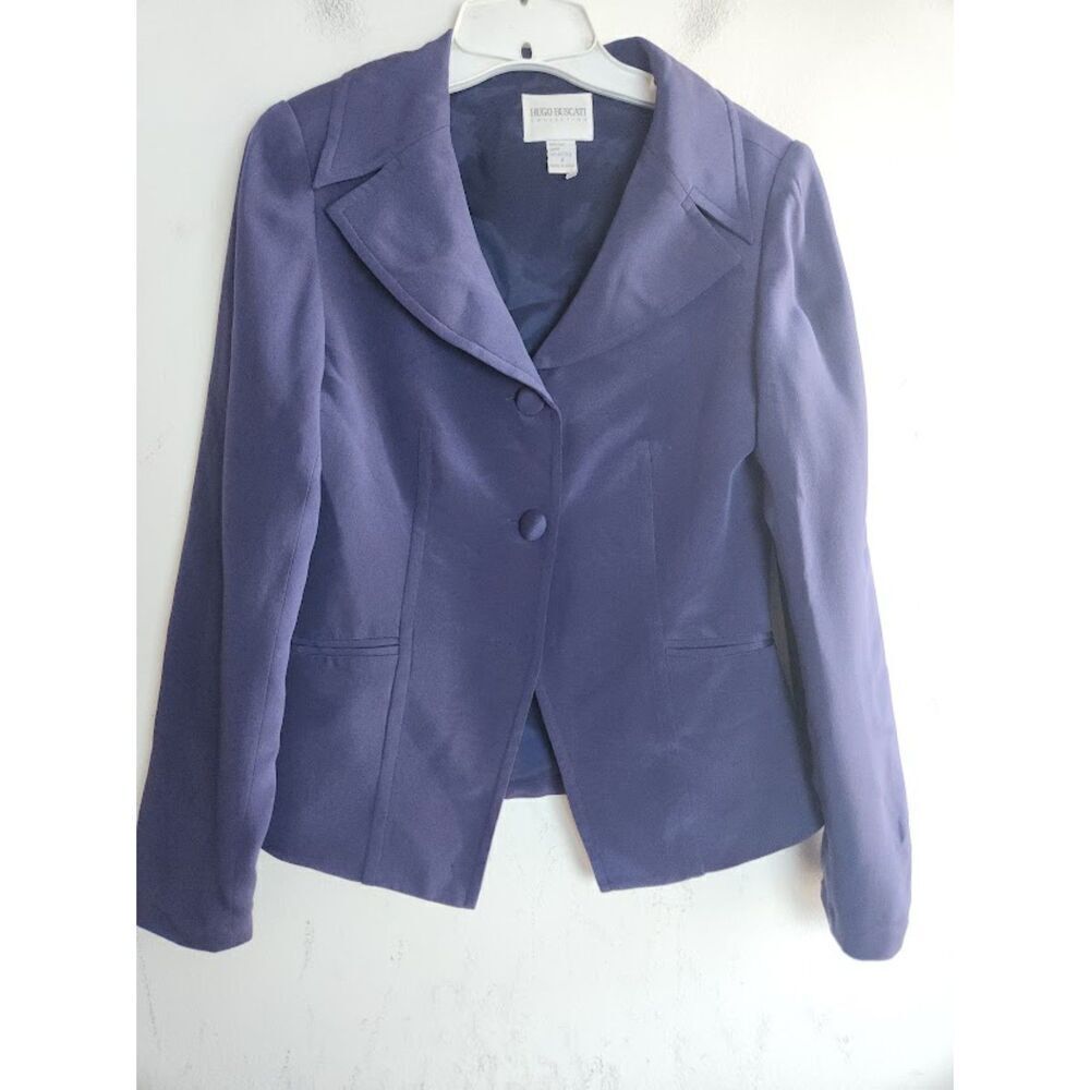 Hugo Buscati Women Dark Blue Satin 100% Silk Single Breasted Blazer size 4